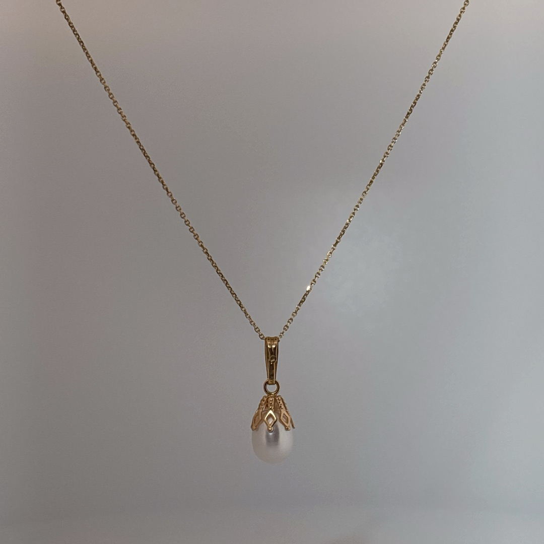 Natural Pearl Pendant Chain , 14K Yellow Gold