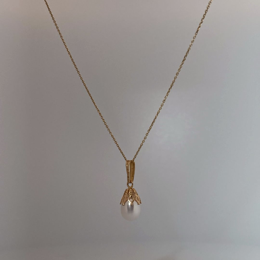 Natural Pearl Pendant Chain , 14K Yellow Gold