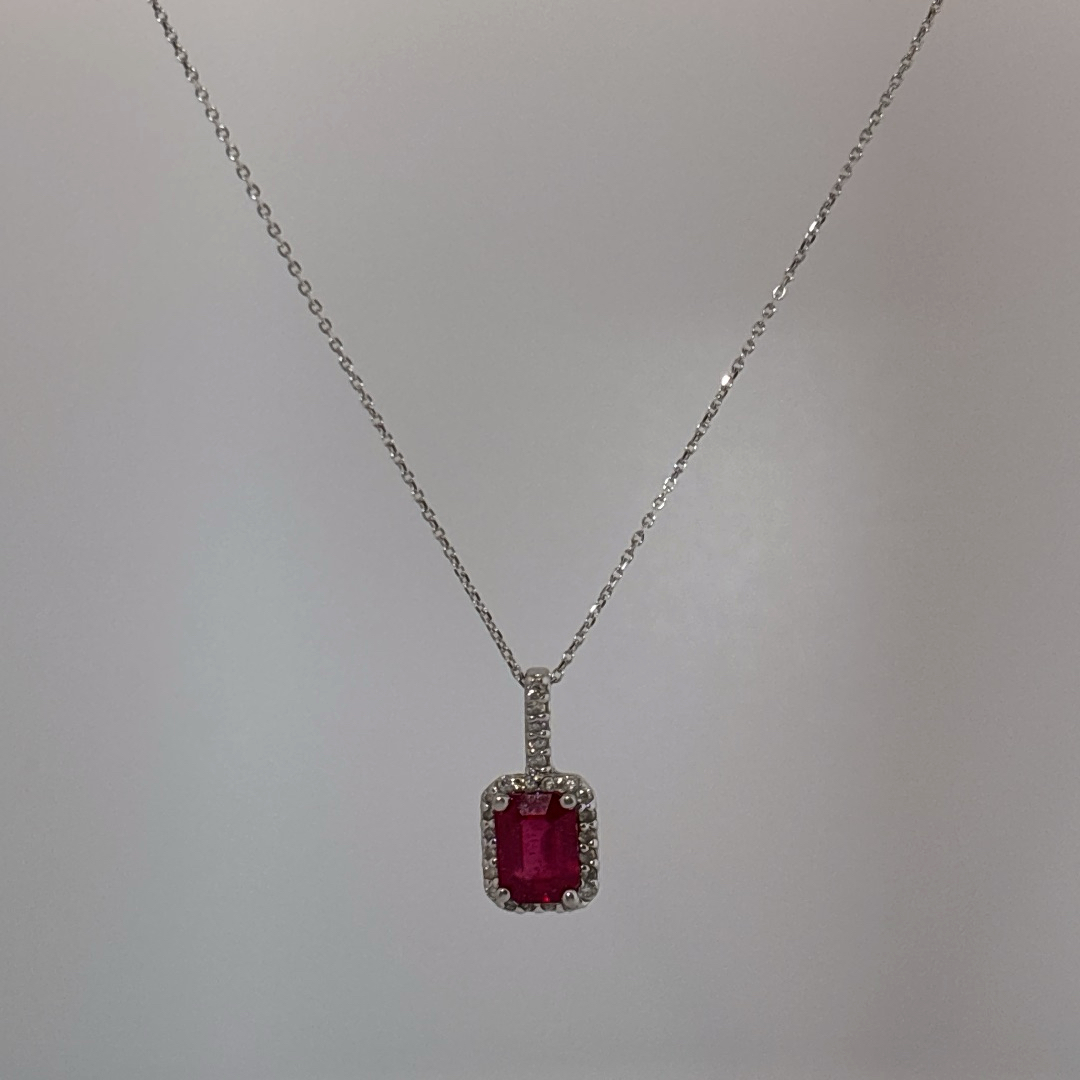 Natural Ruby (2CT),Natural Diamonds (0.037CT), Pendant Chain , 14K White Gold