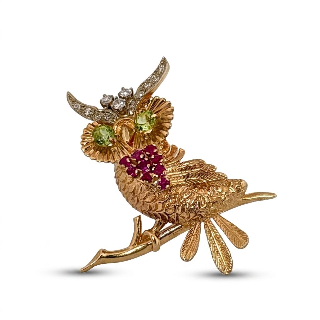 Natural Diamonds (0.45CTW H/J SI1), 9 x Natural ruby (0.23CTW), and Natural Peridot (0.72), Owl BroochMeasurements 2.200 x 2.000 x 1.370 mm, 14K Yellow Gold 10.90 G