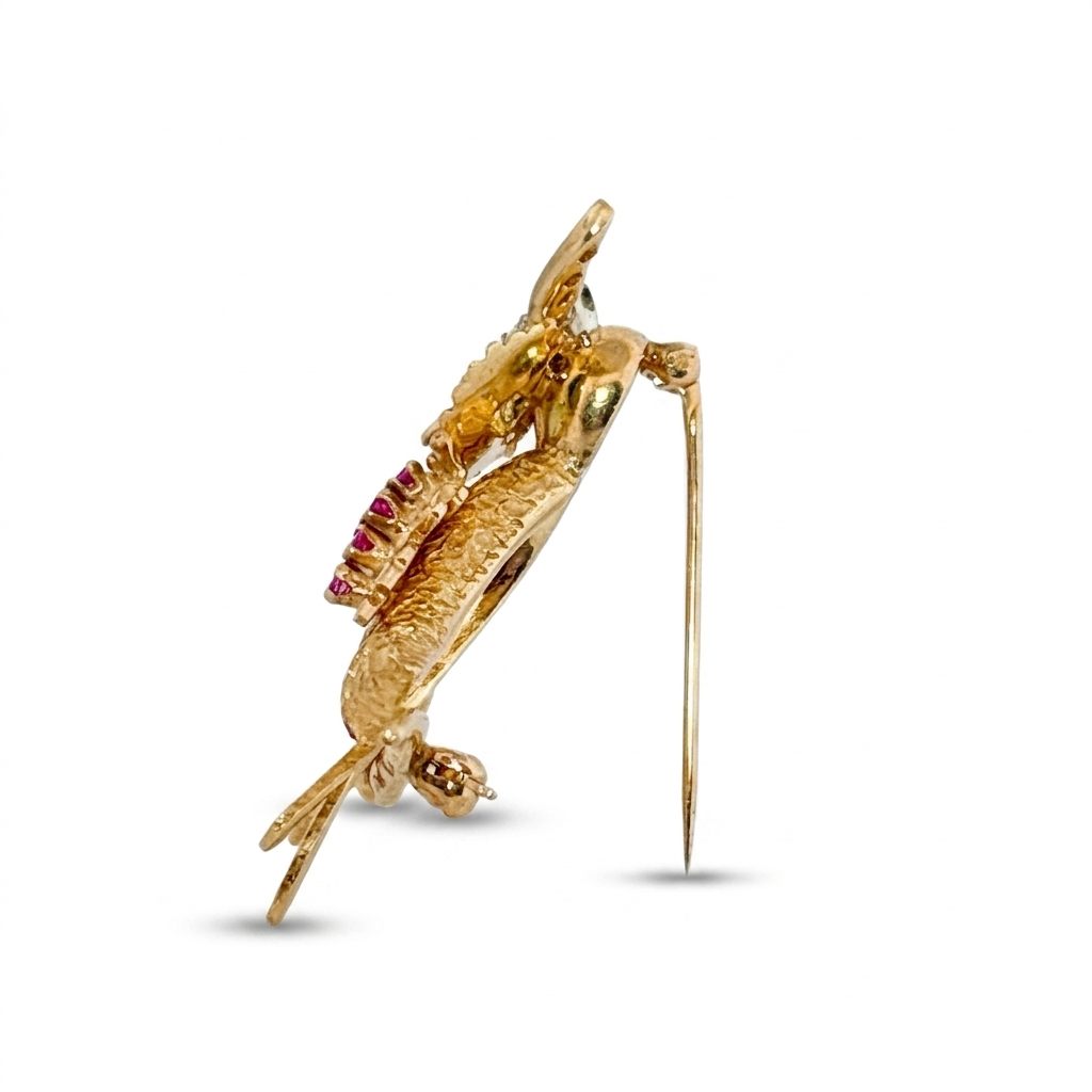 Natural Diamonds (0.45CTW H/J SI1), 9 x Natural ruby (0.23CTW), and Natural Peridot (0.72), Owl BroochMeasurements 2.200 x 2.000 x 1.370 mm, 14K Yellow Gold 10.90 G