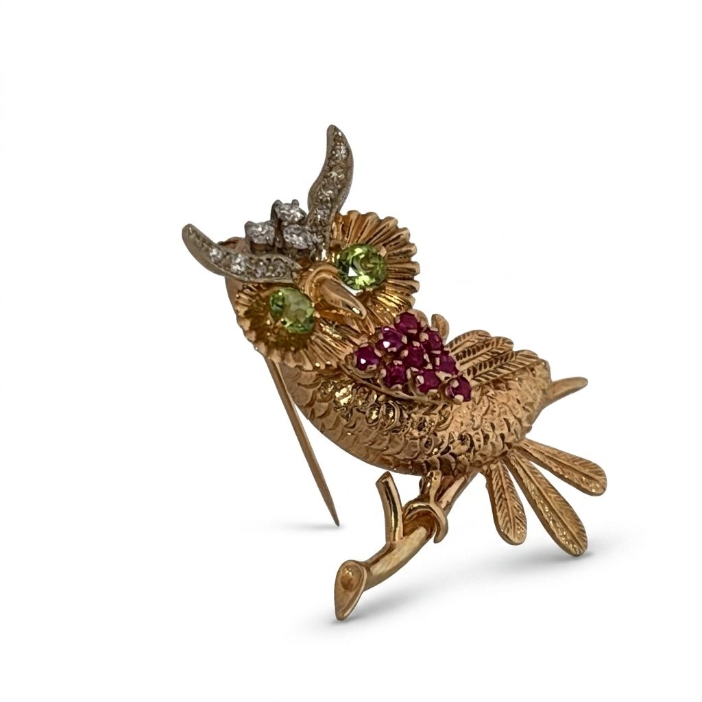 Natural Diamonds (0.45CTW H/J SI1), 9 x Natural ruby (0.23CTW), and Natural Peridot (0.72), Owl BroochMeasurements 2.200 x 2.000 x 1.370 mm, 14K Yellow Gold 10.90 G