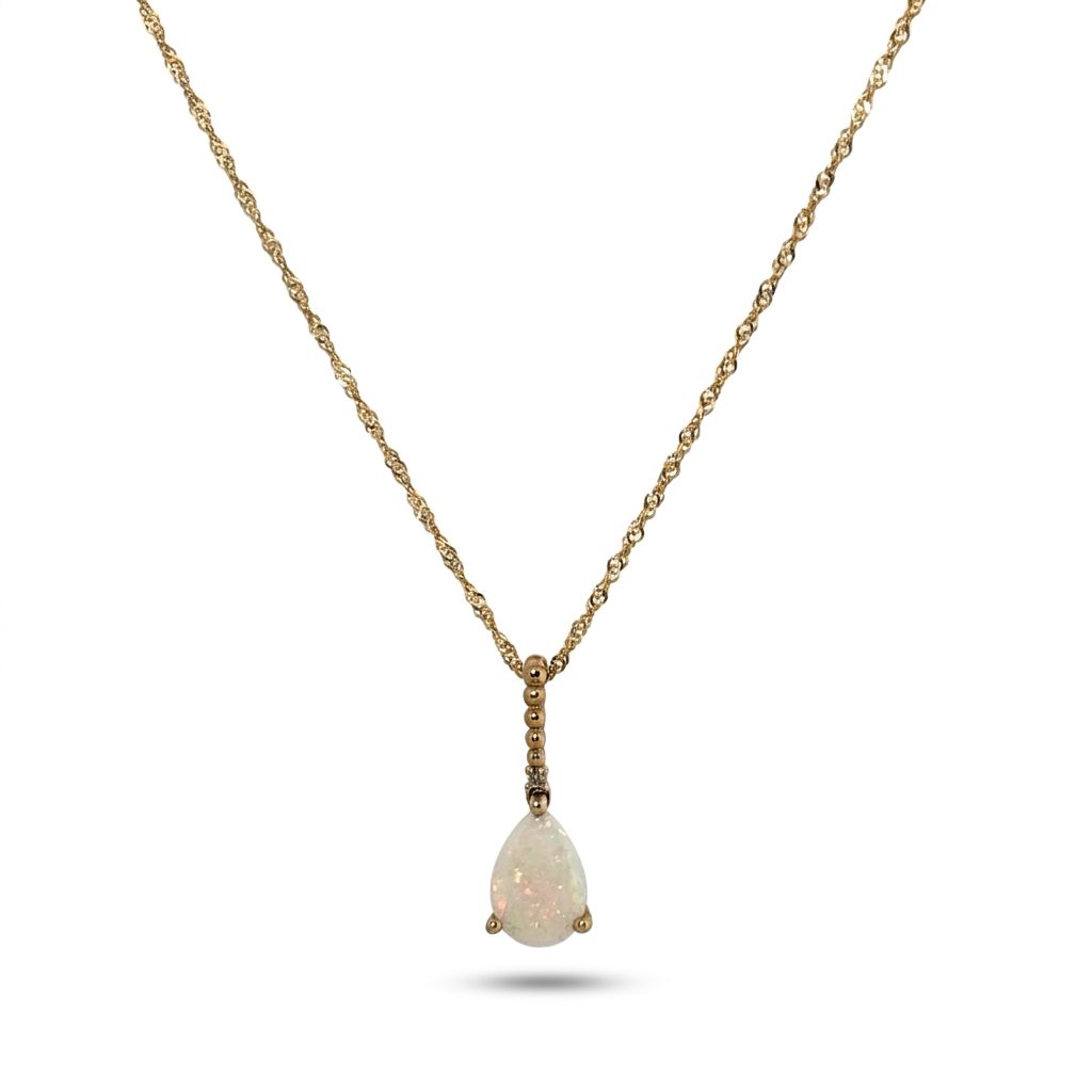 Natural Opal and Natural Diamond Pendant Chain, 10K Yellow Gold