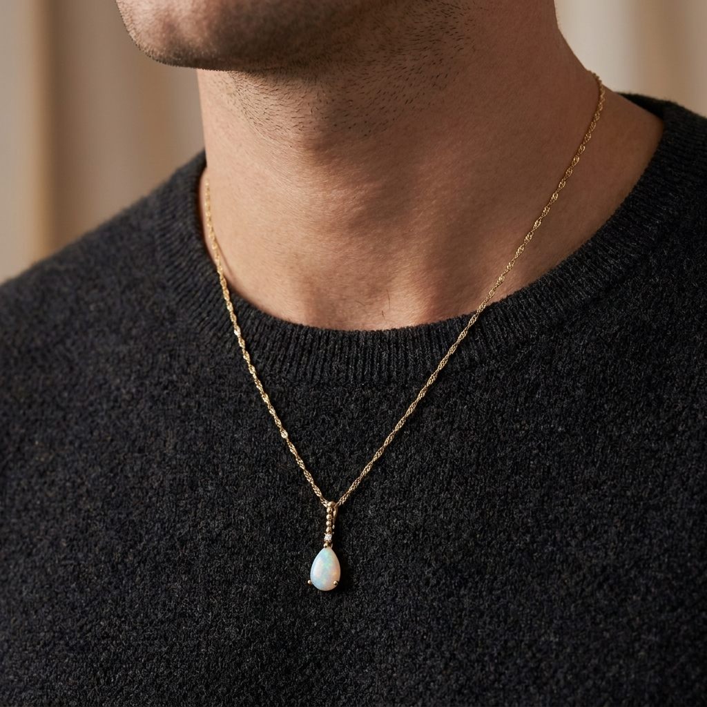 Natural Opal and Natural Diamond Pendant Chain, 10K Yellow Gold