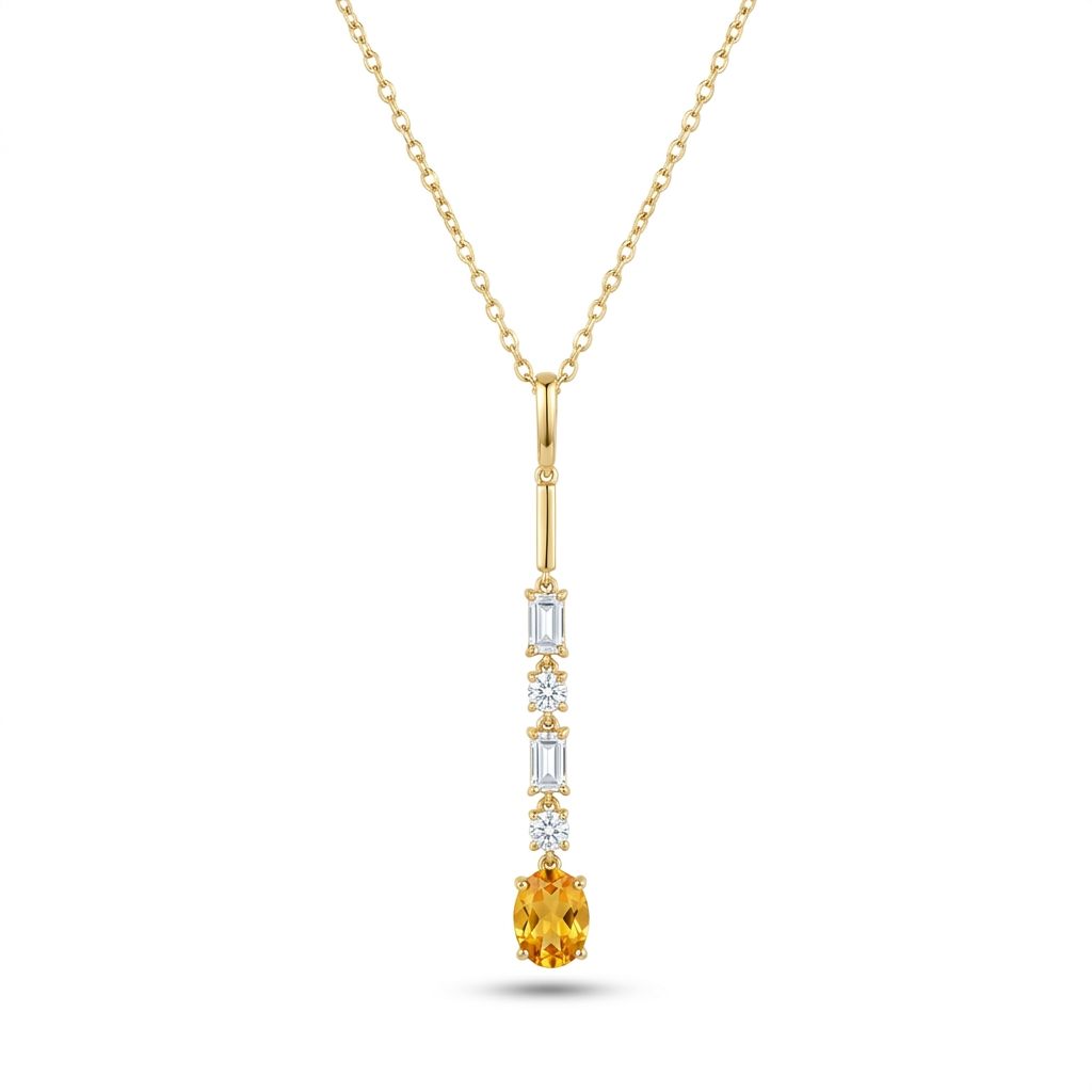 14K Yellow gold necklace with mixed color Citrines and white topaz in bale.