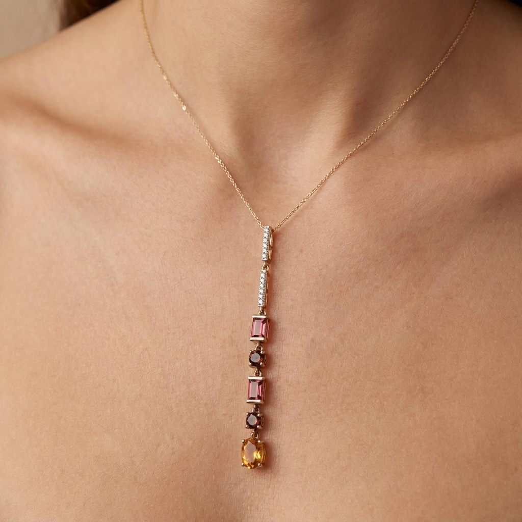 14K Yellow gold necklace with mixed color Citrines and white topaz in bale.