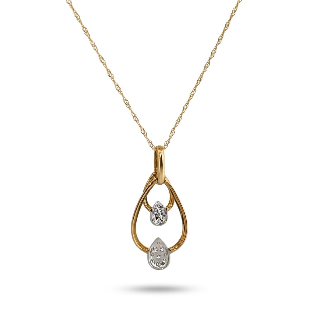 Natural Diamonds (1/6 CT), Pear Shape Pendent Chain, 14K Yellow / White Gold