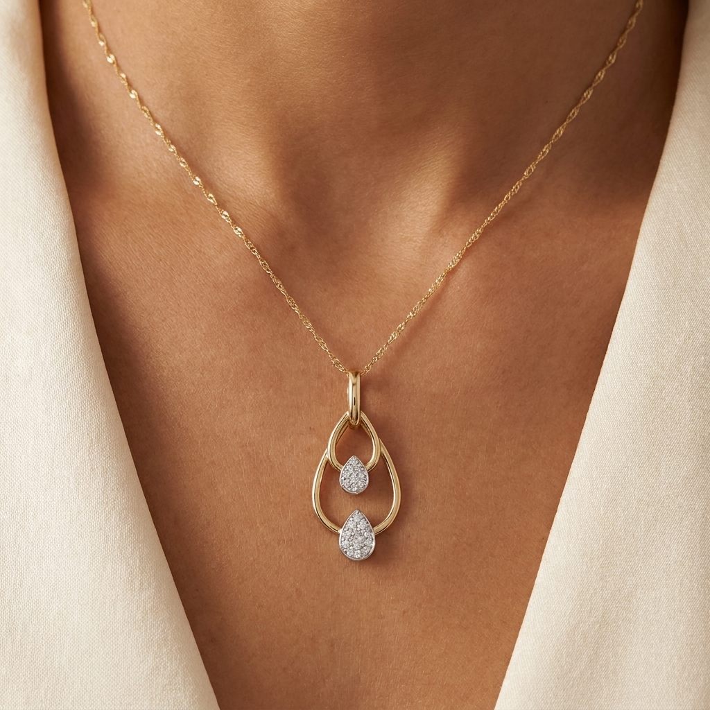 Natural Diamonds (1/6 CT), Pear Shape Pendent Chain, 14K Yellow / White Gold