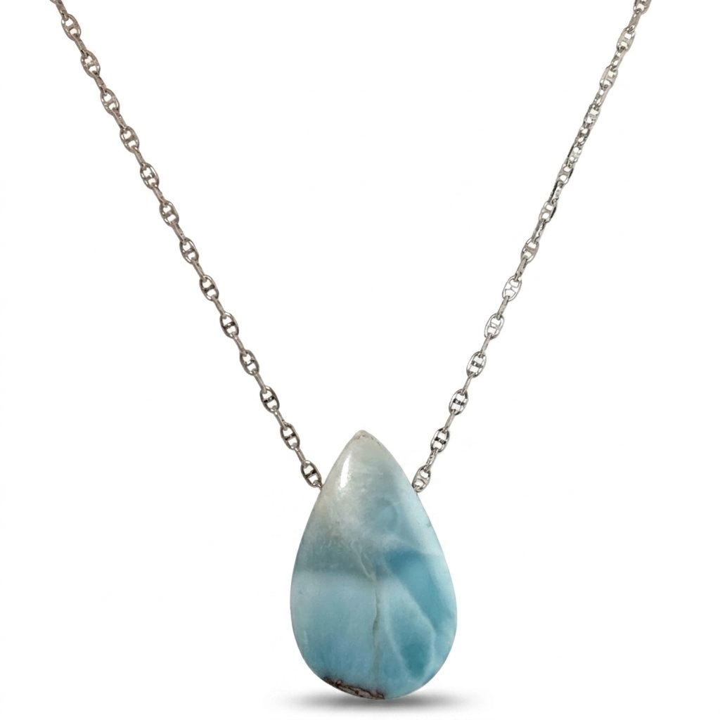 Sterling Silver 925 Necklace with 1 Pear-shaped Larimar stone, female style.