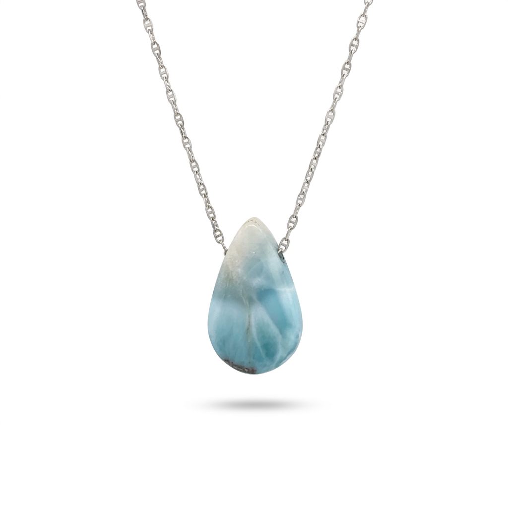 Sterling Silver 925 Necklace with 1 Pear-shaped Larimar stone, female style.