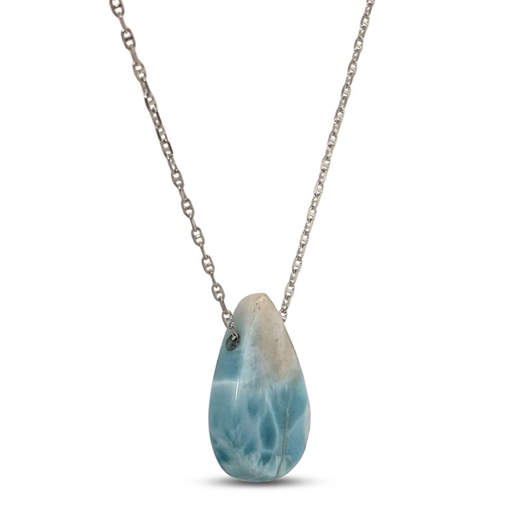 Sterling Silver 925 Necklace with 1 Pear-shaped Larimar stone, female style.