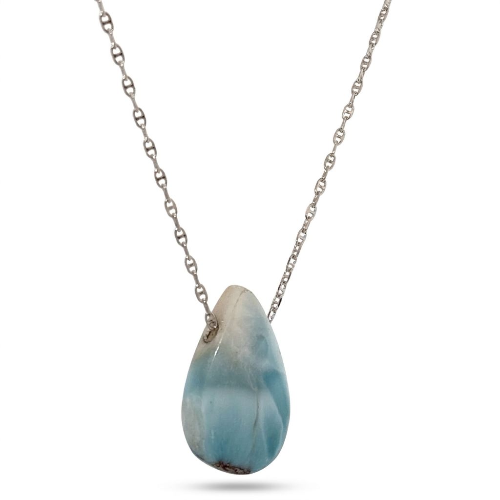 Sterling Silver 925 Necklace with 1 Pear-shaped Larimar stone, female style.