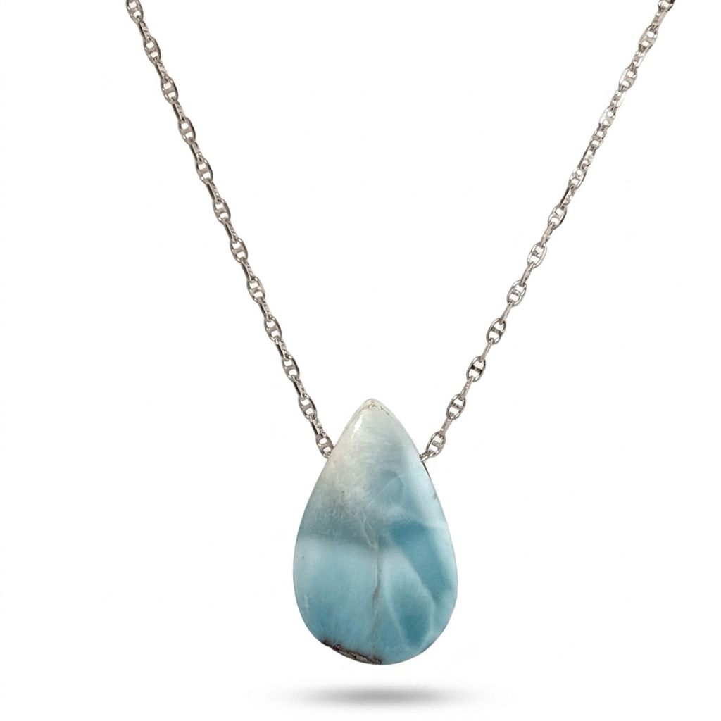 Sterling Silver 925 Necklace with 1 Pear-shaped Larimar stone, female style.