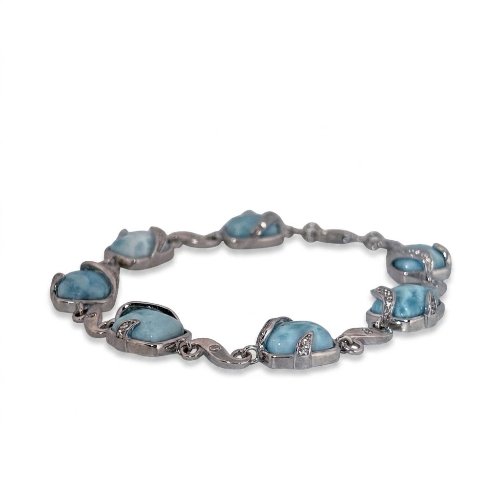 Sterling Silver 925 Bracelet with 6 Larimar Cabochon Stones, Female Design.