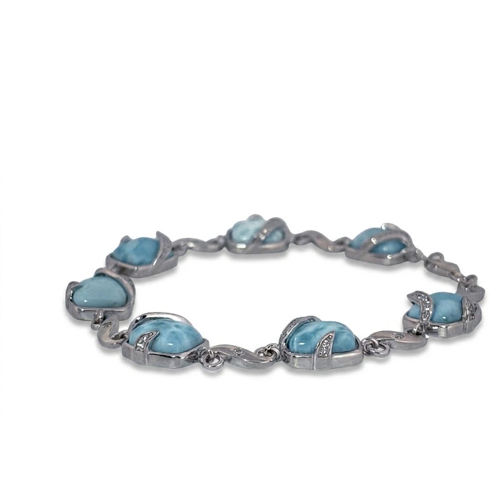 Sterling Silver 925 Bracelet with 6 Larimar Cabochon Stones, Female Design.