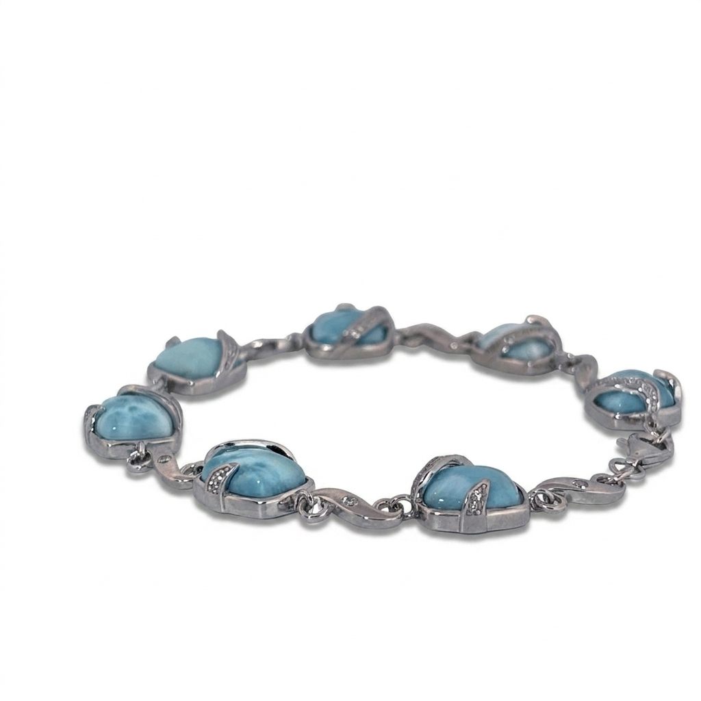 Sterling Silver 925 Bracelet with 6 Larimar Cabochon Stones, Female Design.