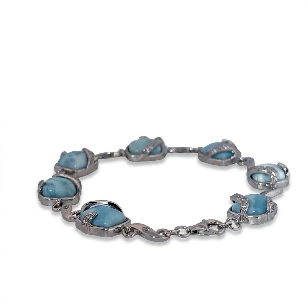 Sterling Silver 925 Bracelet with 6 Larimar Cabochon Stones, Female Design.