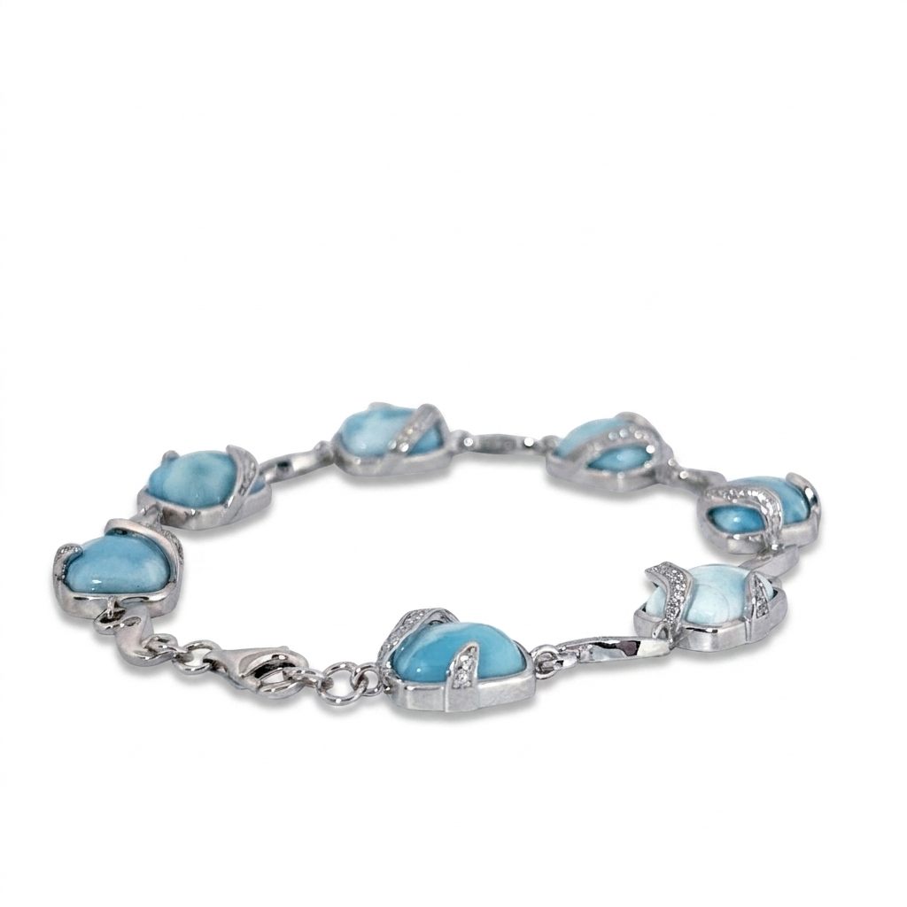 Sterling Silver 925 Bracelet with 6 Larimar Cabochon Stones, Female Design.