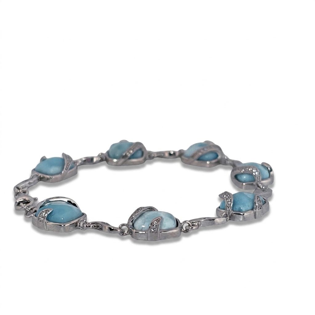 Sterling Silver 925 Bracelet with 6 Larimar Cabochon Stones, Female Design.