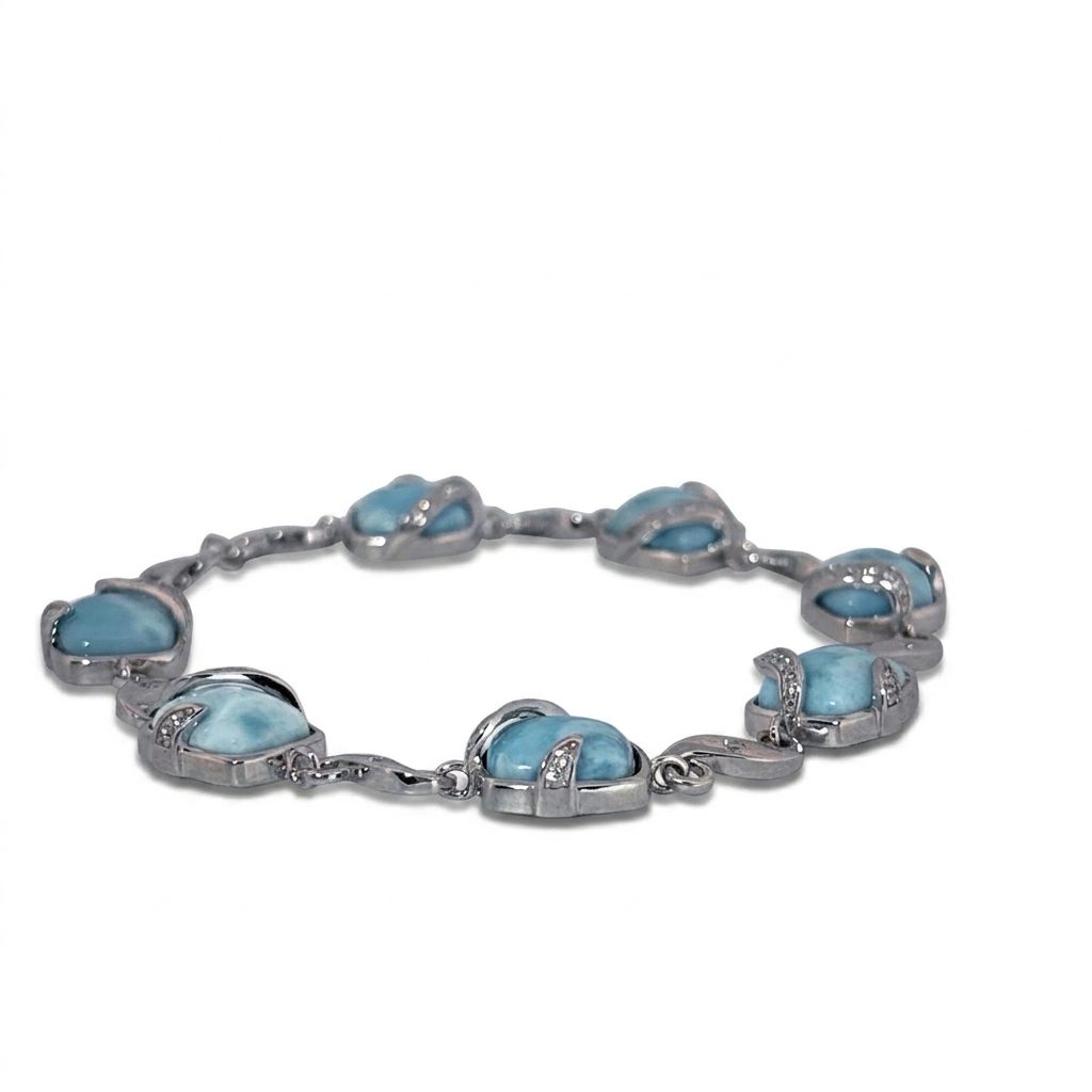 Sterling Silver 925 Bracelet with 6 Larimar Cabochon Stones, Female Design.