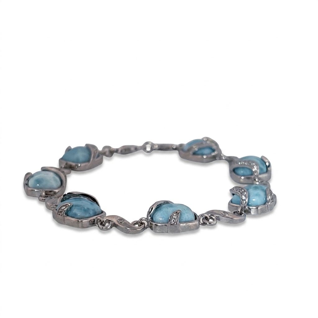 Sterling Silver 925 Bracelet with 6 Larimar Cabochon Stones, Female Design.