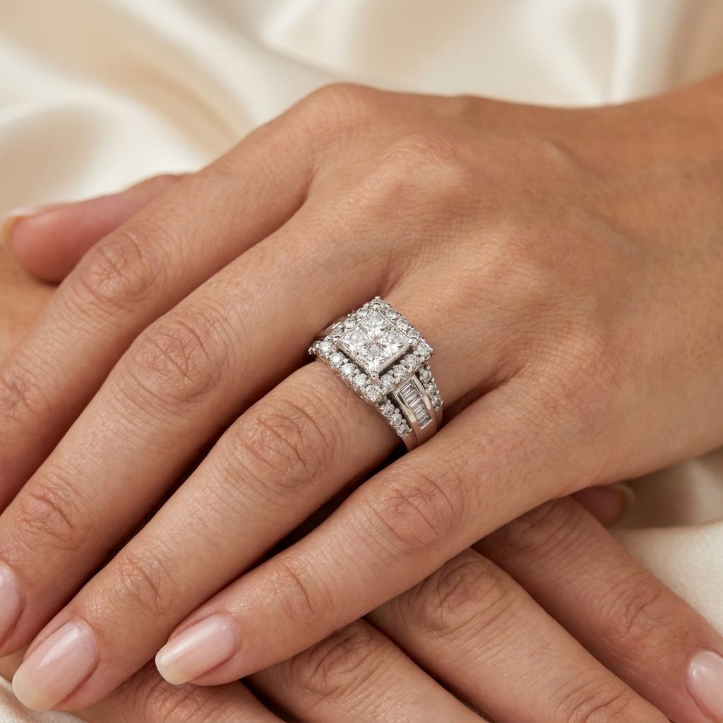14K White Gold with Natural Diamonds 2.15CTW, Center 1.0 CTW, G/H SI1/I1