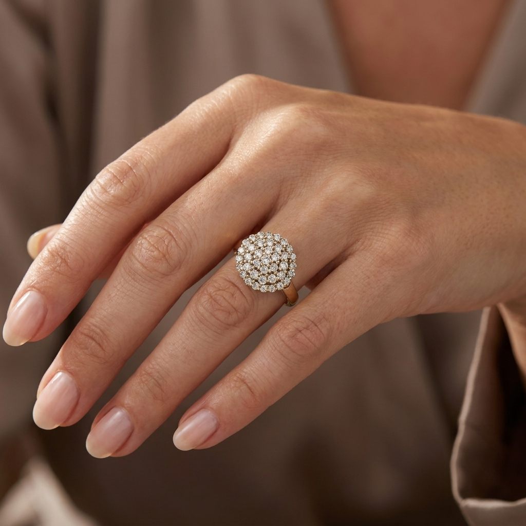 10K Yellow Gold Female Cluster Ring, set with 39 Round Diamonds (0.40ct total, H, SI2)