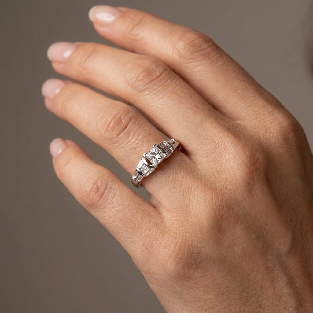 14K White Gold Engagement Ring, set with 1 Princess Diamond (0.50ct, H, VS2) and 12 Baguette Diamonds (0.25ct total, H, VS2), Size 8.00.