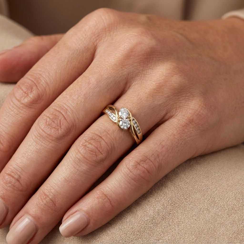 10K Yellow Gold Engagement Ring, set with 2 Round Diamonds (0.65ct, G, SI1) and 8 Round Diamonds (0.10ct total)
