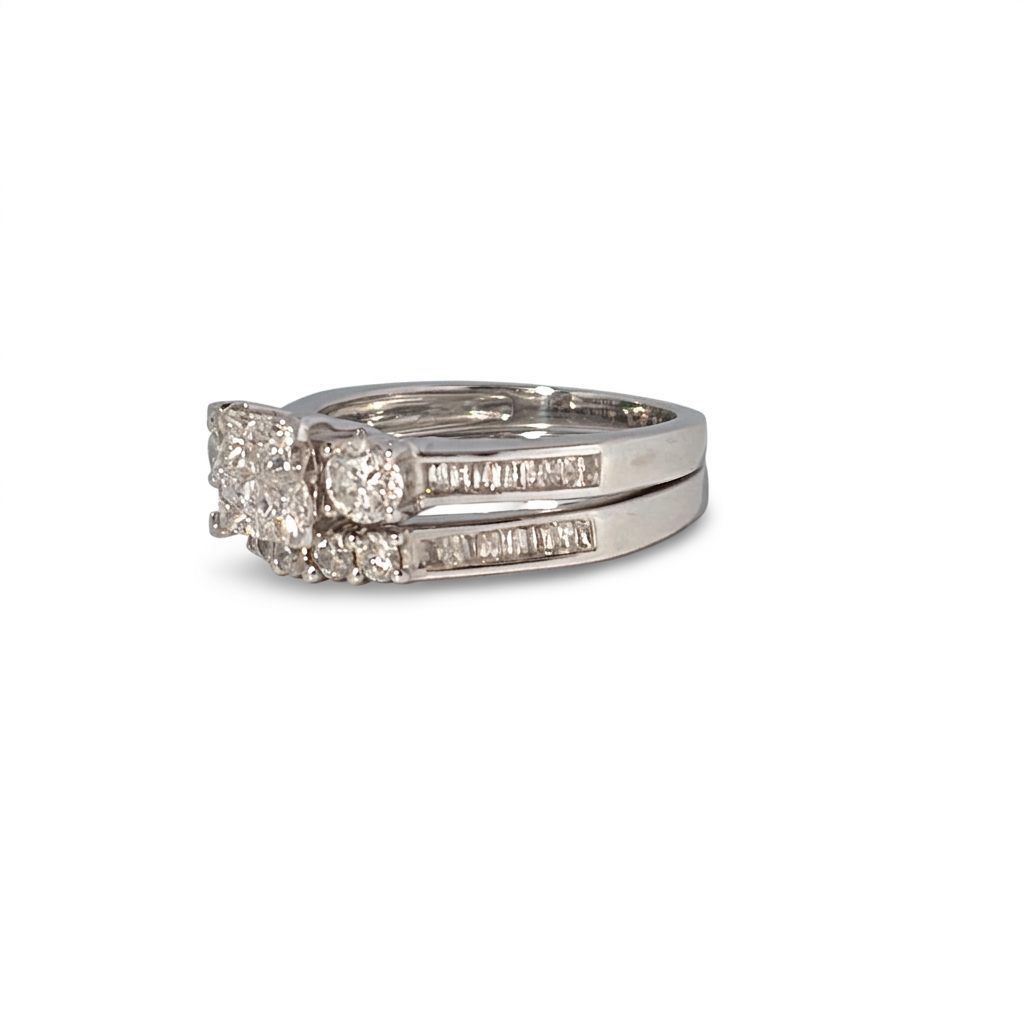 14K White Gold Ring, set with multiple round, Baguette and princess cut Diamonds, 1.5ct total, G, VS2, Size 7.