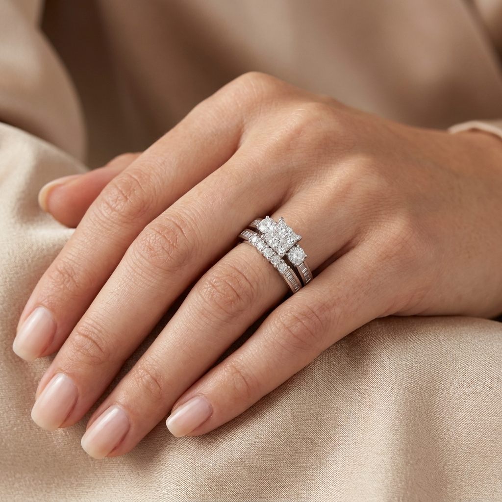 14K White Gold Ring, set with multiple round, Baguette and princess cut Diamonds, 1.5ct total, G, VS2, Size 7.
