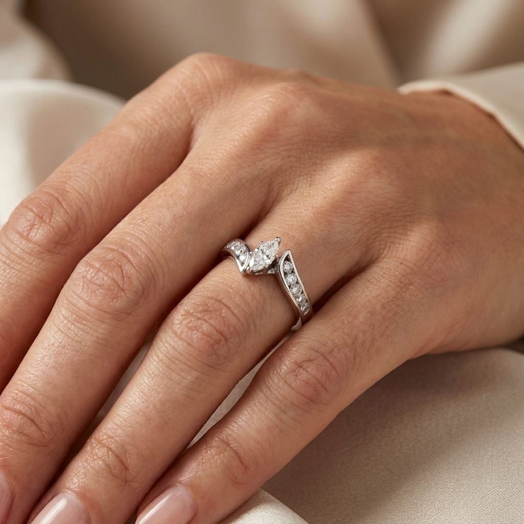 Natural Diamonds (0.89 CTW) Center Marquise (0.39 CT), Size 8, 14K White Gold