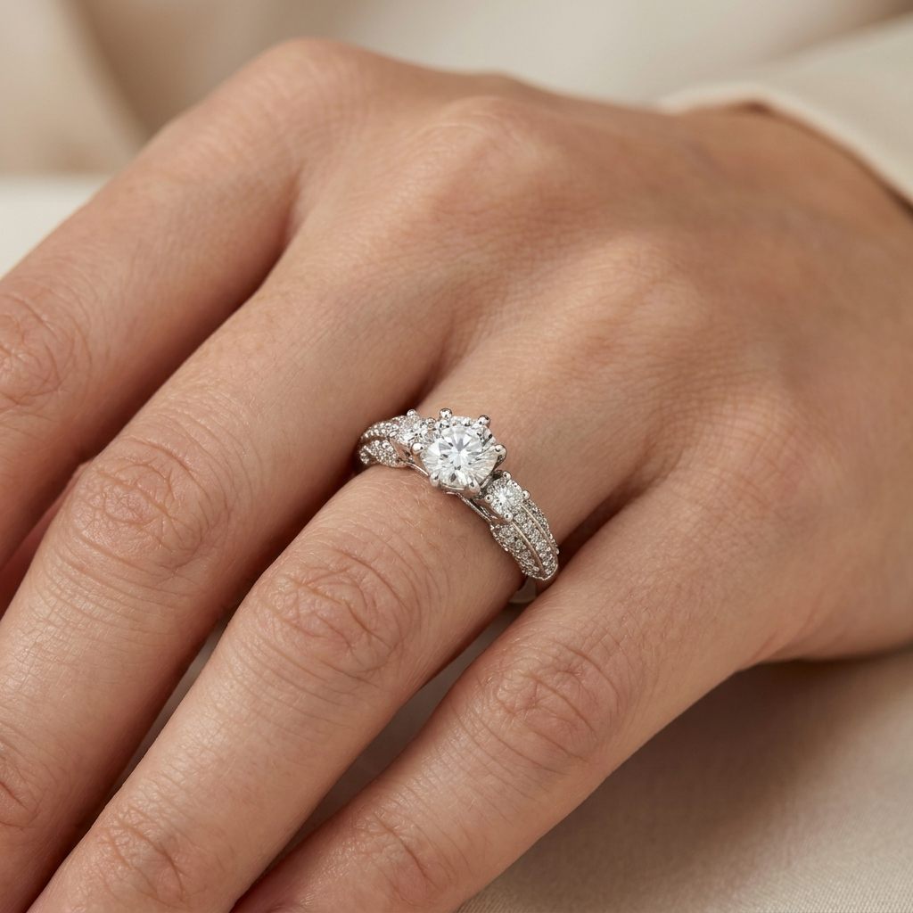 0.88ct Natural Diamonds with 0.54ct E/VVS2 Round Brilliant Cut Center, Women Rings, 18K White Gold