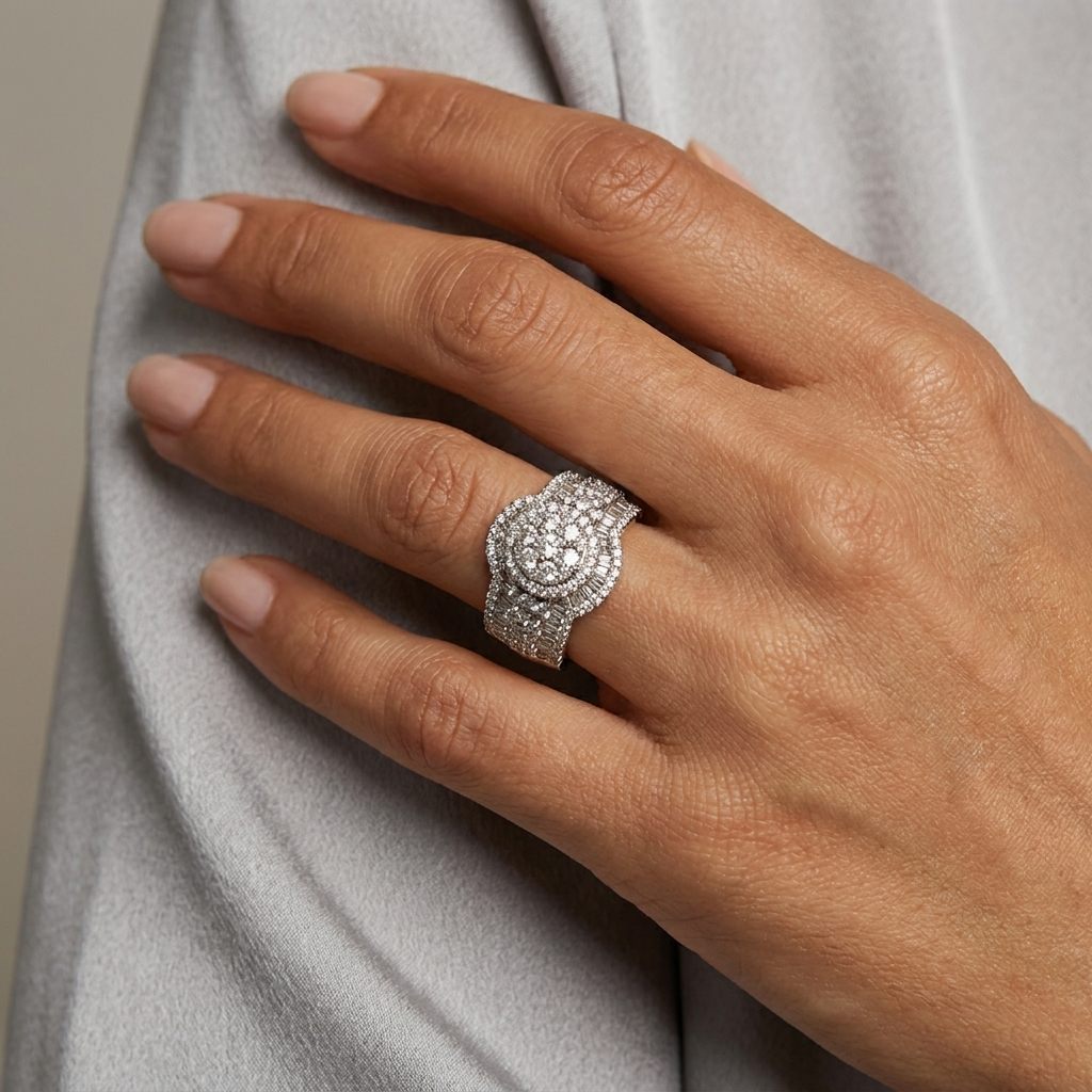 Diamonds Head, Cluster Solitaire Ring, Natural Diamonds(1.35 CTW) GH/SI1, 10K White Gold, 7.4 Gram Total Weight