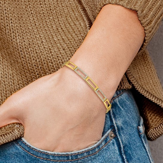 Unisex Bracelet with open rectangular links, 14K Yellow Gold, channel and pave-set natural Diamonds (0.24ct).