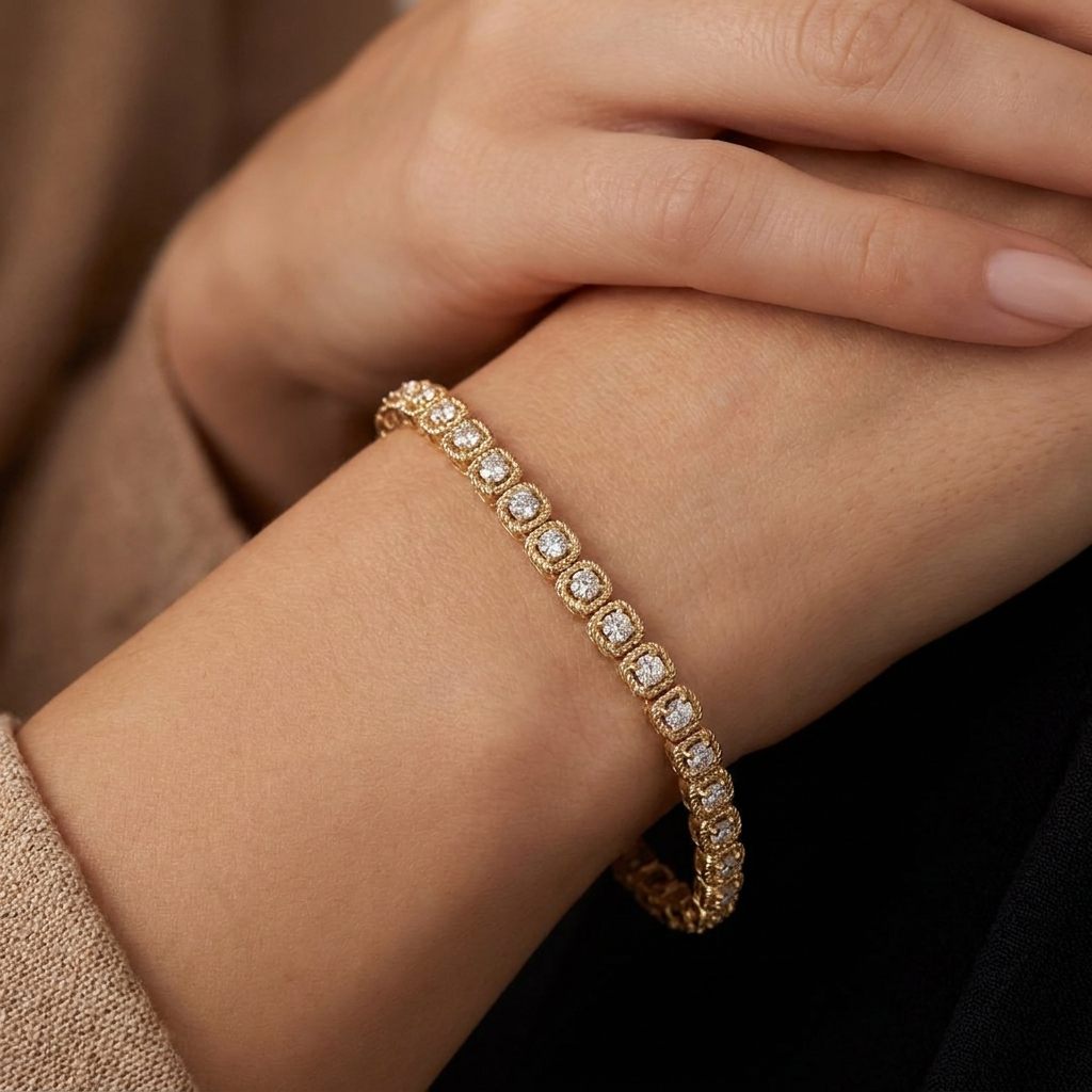 Tennis Bracelet, Natural Diamonds (1.10CTW) G/VS1, 14K Yellow Gold
