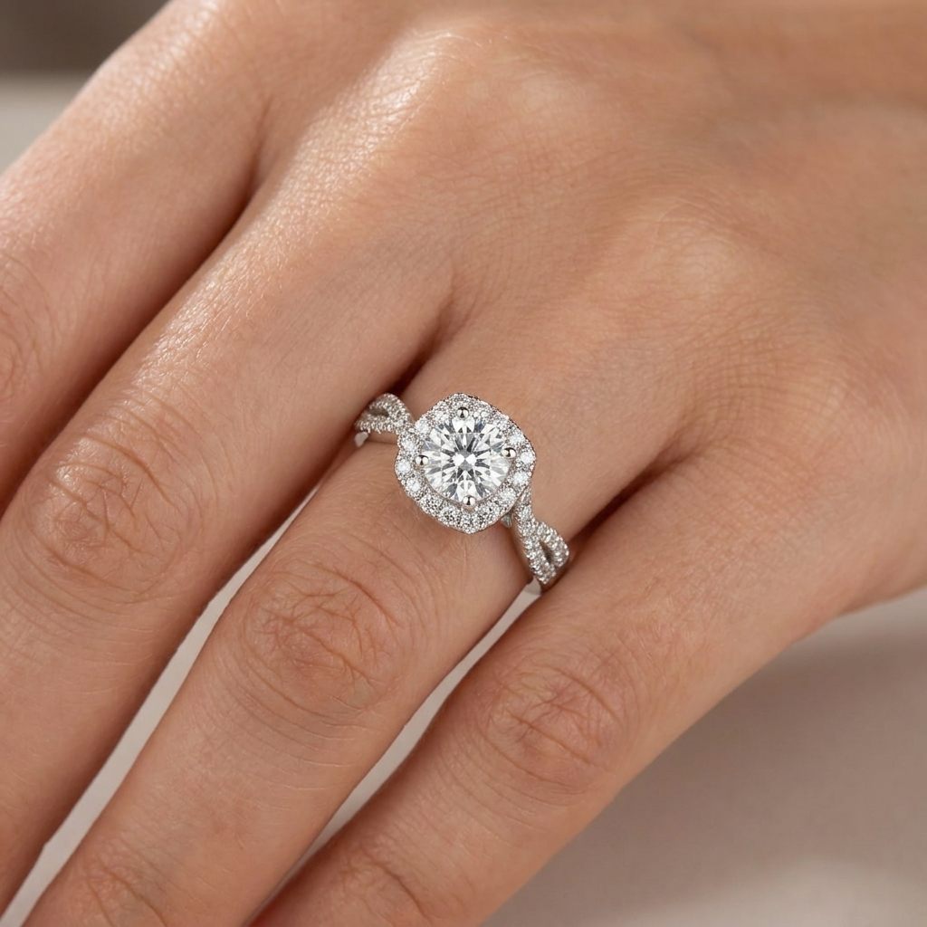 Round Halo Engagement Ring, Lab Grown Diamonds, Center 1 CT, 2.0 CTW