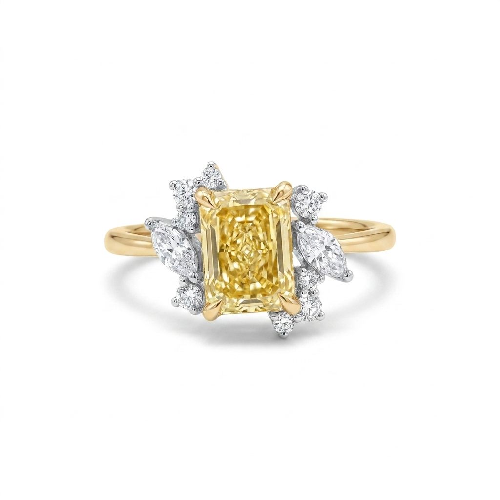LGD Emerald Cut Vivid Yellow Diamond Center (2.04CT) and Colorless Diamond (0.51CT)(2.55CTW) Ring, Size 7, 14K Yellow Gold