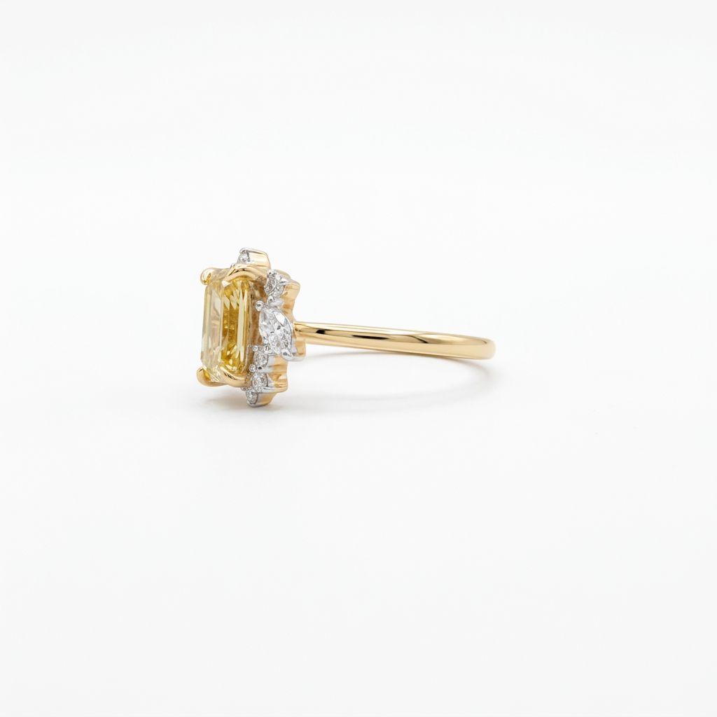 LGD Emerald Cut Vivid Yellow Diamond Center (2.04CT) and Colorless Diamond (0.51CT)(2.55CTW) Ring, Size 7, 14K Yellow Gold