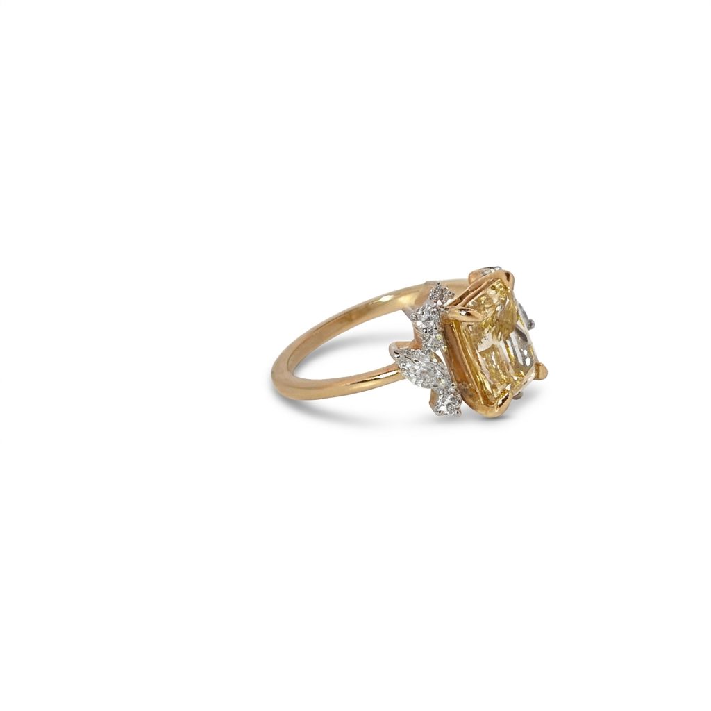 LGD Emerald Cut Vivid Yellow Diamond Center (2.04CT) and Colorless Diamond (0.51CT)(2.55CTW) Ring, Size 7, 14K Yellow Gold