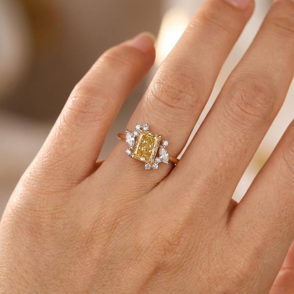 LGD Emerald Cut Vivid Yellow Diamond Center (2.04CT) and Colorless Diamond (0.51CT)(2.55CTW) Ring, Size 7, 14K Yellow Gold