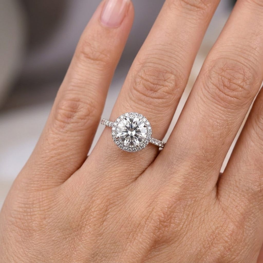 Round Halo Engagement Ring, Lab Grown Diamonds, Center 2 CT, 2.40CTW