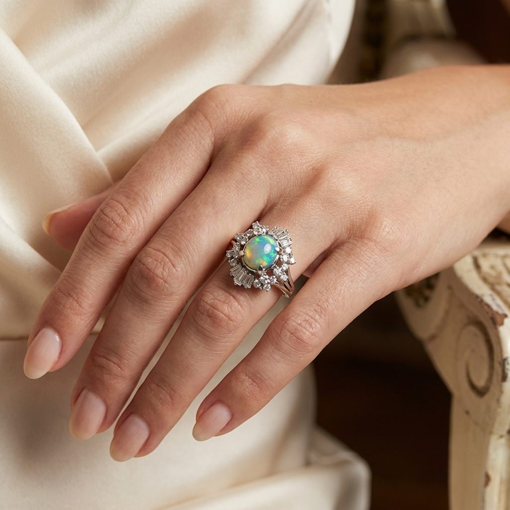 Cabochon Fire Opal 1.62ct with 0.73ctw Diamonds Ring, Platinum 900