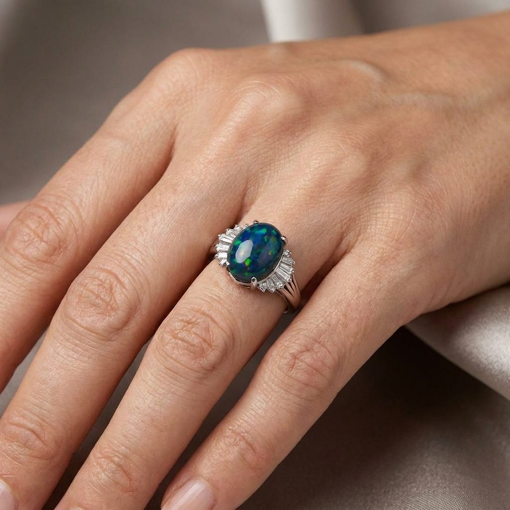 Platinum 900 Ring, set with 1 Black Opal (2.6ct) and Diamonds (0.485ct) on sides, Women Rings style.