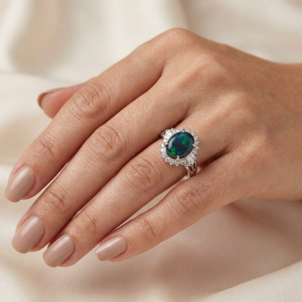 0.40ct Natural Diamonds, with 2.60ct Natural Black Opal, Women Ring, Platinum 850