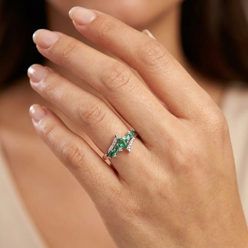 Natural Diamonds (0.12 CTW) with Natural Emeralds Designer Ring, Size 7, 14K White Gold