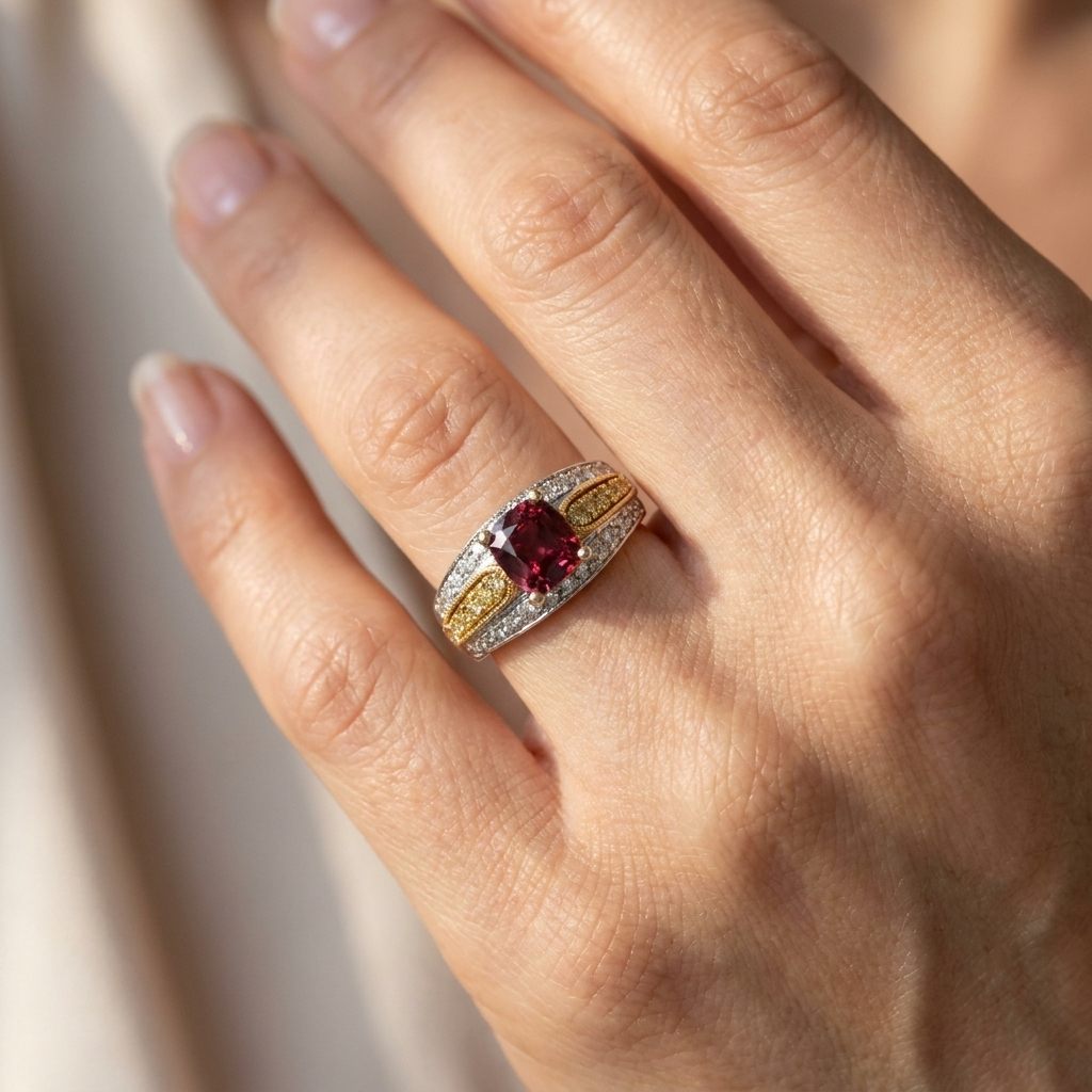 18K Dual White/Yellow Gold Engagement Ring, set with 1 Cushion Red Spinel (1.45ct, Loupe Clean), 12 Round Yellow Diamonds (0.12ct total, VS2), and 26 Round E Colorless Diamonds (0.20ct total, VS2). GIA-5231573527