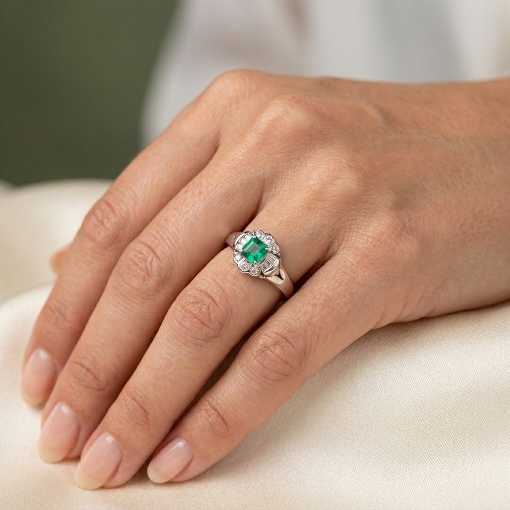 0.17ct Natural Diamonds and 0.24ct Nat Emerald, Women Ring, Platinum 900