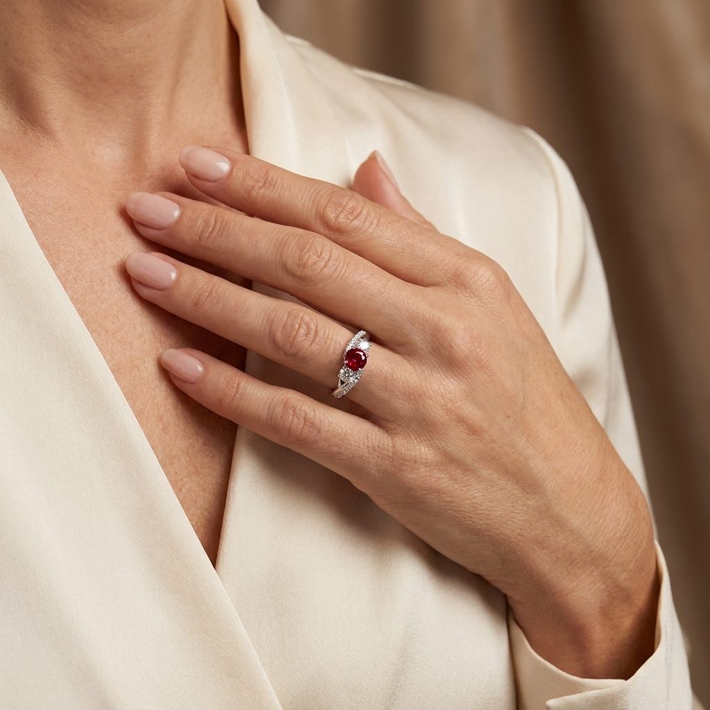 Brilliant Diamond Cut, Round Shape, Madagascar Ruby(0.35CT, 5mm), Mounted at 14K White Gold Ring with Natural Diamonds (0.60 CTW). Size 7