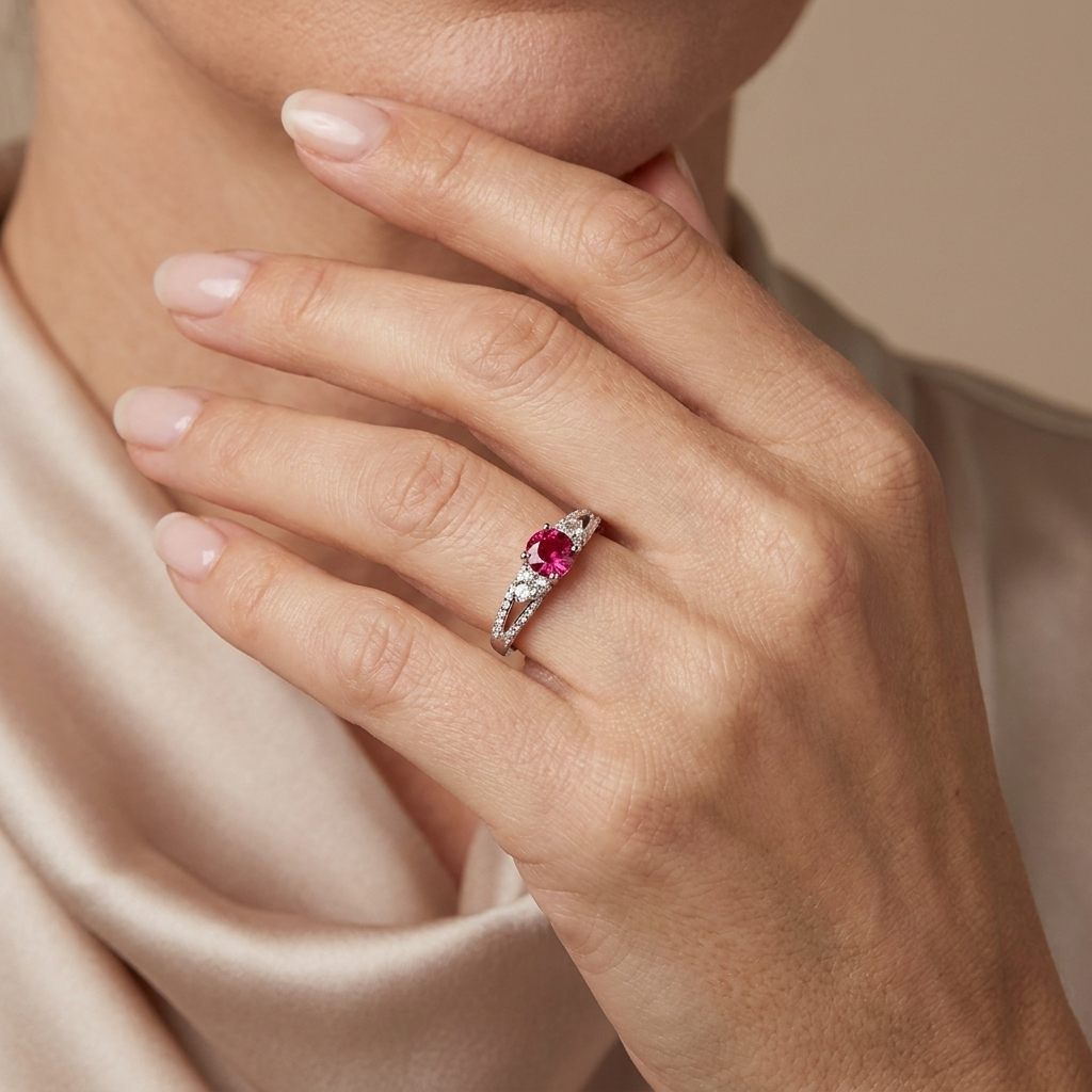 Brilliant Diamond Cut, Round Shape, Madagascar Ruby(0.35CT, 5mm), Mounted at 14K White Gold Ring with Natural Diamonds (0.50 CTW). Size 7.25